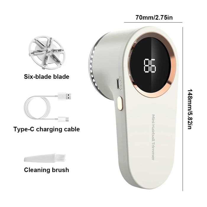 Electric lint remover featuring a six-blade design, digital display, Type-C charging cable, and cleaning brush.
