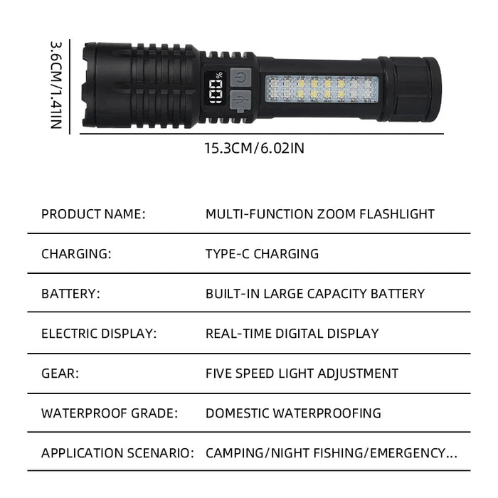 High Power LED Flashlight Portable Zoom Torch Type-C Rechargeable